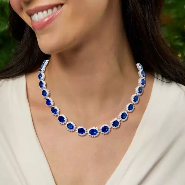 35ctw Oval Cut Royal Blue Sapphires Halo Statement Necklace