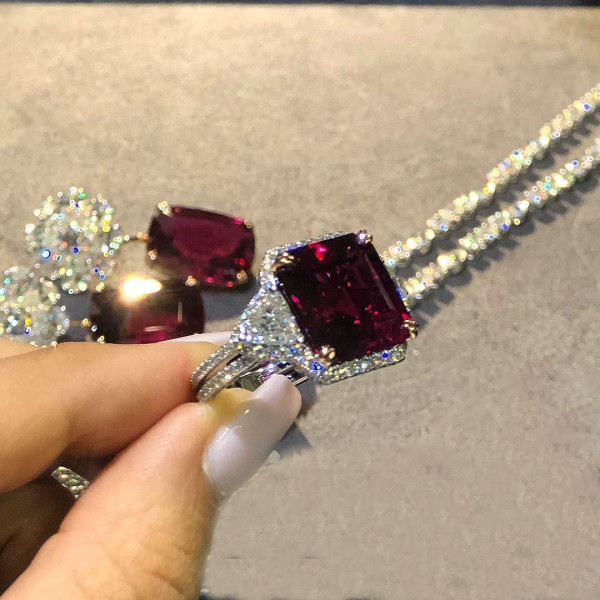 Cushion Cut Ruby Earrings Ring and Necklace Jewelry Set