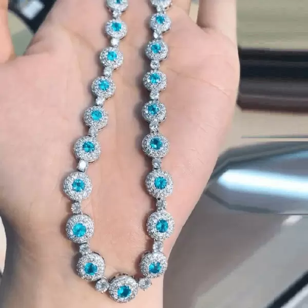 Round Cut Halo Pave Aquamarine Necklace