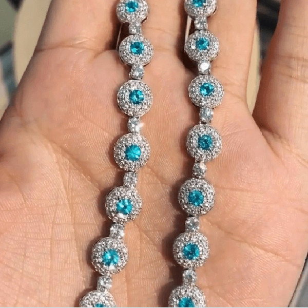 Round Cut Halo Pave Aquamarine Necklace