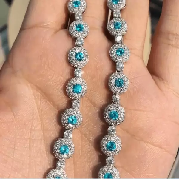 Round Cut Halo Pave Aquamarine Necklace