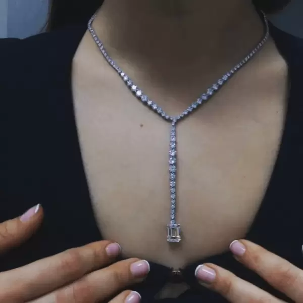Emerald Cut Pendant Tennis Chain White Sapphire Necklace