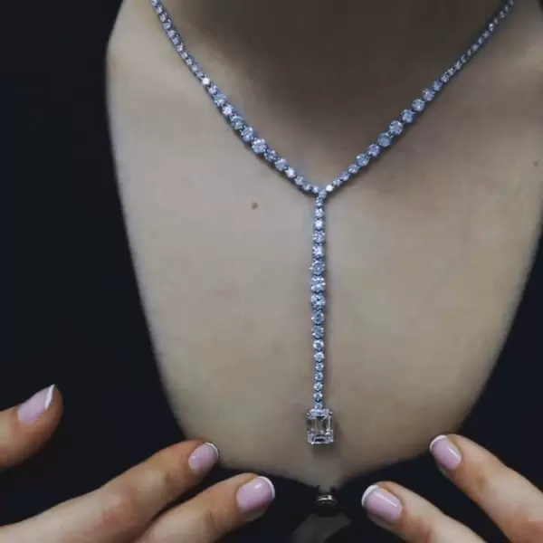 Emerald Cut Pendant Tennis Chain White Sapphire Necklace
