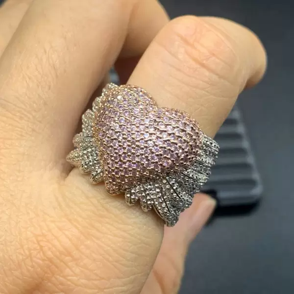 Angel Wing Pink Sapphire Paved Heart Cocktail Ring