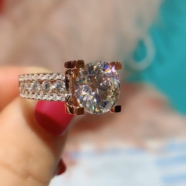 2.5ct Round Cut Lab Created Gemstone Engagement Ring with Three Rows Paved Diamonds
