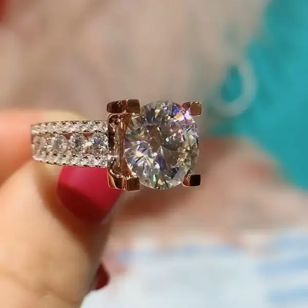 2.5ct Round Cut Lab Created Gemstone Engagement Ring with Three Rows Paved Diamonds