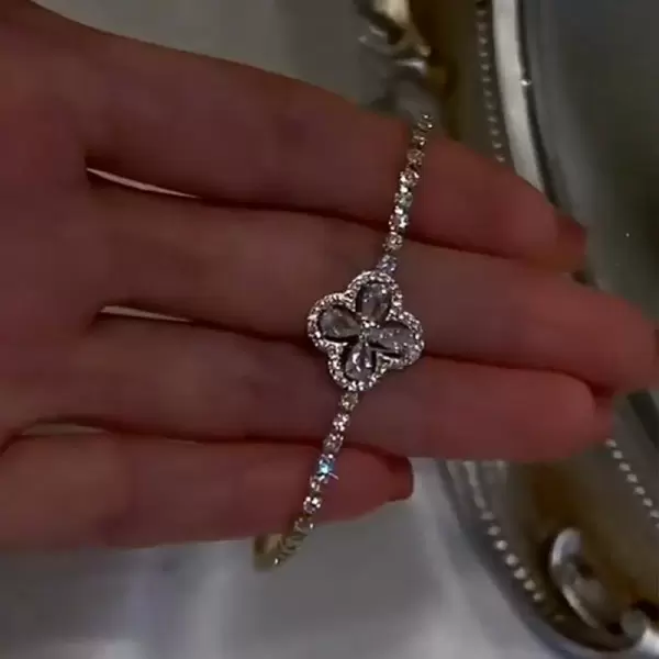 Pear&Round Cut White Sapphire Four-Leaf Clover Design Bracelet