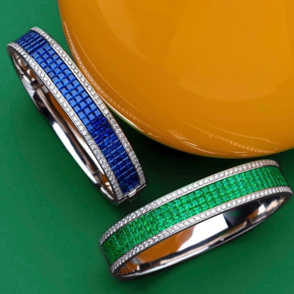 Princess Cut Emerald/ Blue Sapphire Bangle Bracelet