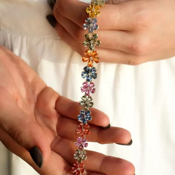 26ctw Pear Cut Multicolor Sapphire Flower Bracelet