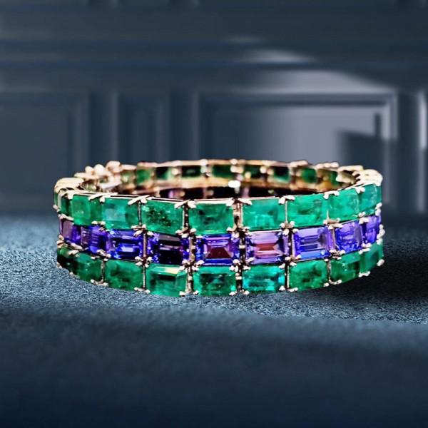 45ctw Emerald and Tanzanite Blue Sapphire Three-row Bracelet