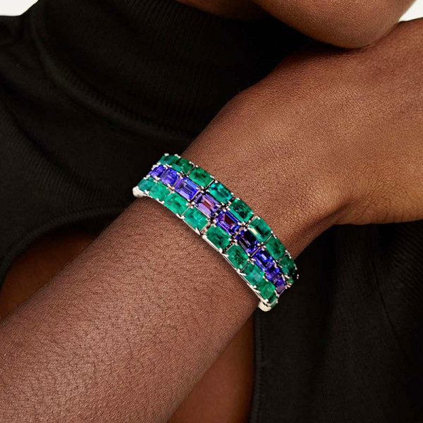 45ctw Emerald and Tanzanite Blue Sapphire Three-row Bracelet