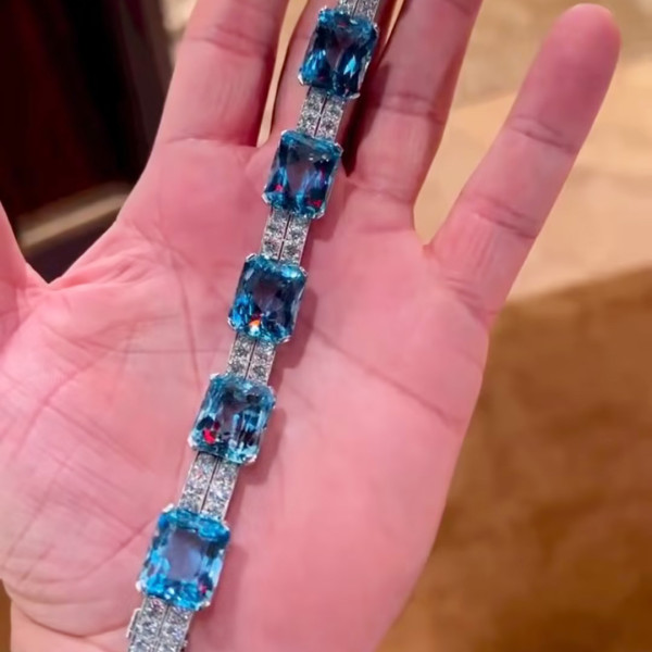 37ctw Emerald Cut Aquamarine Art-deco Statement Bracelet