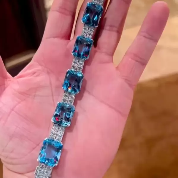 37ctw Emerald Cut Aquamarine Art-deco Statement Bracelet