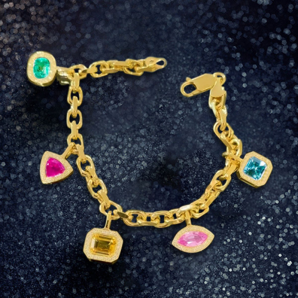 6ctw Multicolor Multi-Cut Dangle Link Statement Bracelet