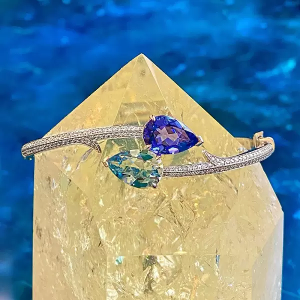 6ctw Pear Cut Tanzanite Blue and Aquamarine Bypass Bangle
