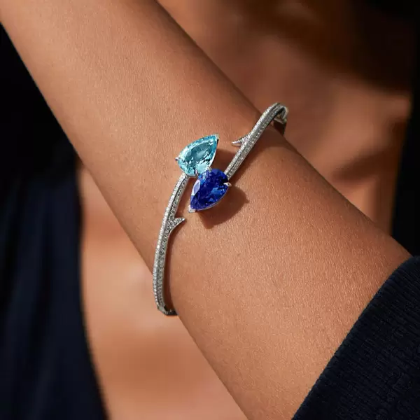 6ctw Pear Cut Tanzanite Blue and Aquamarine Bypass Bangle