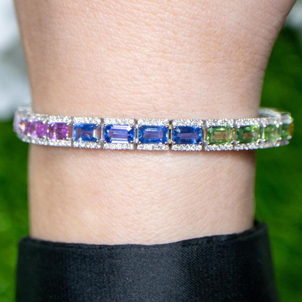 12ctw Emerald Cut Multicolor Sapphire Tennis Rainbow Bracelet