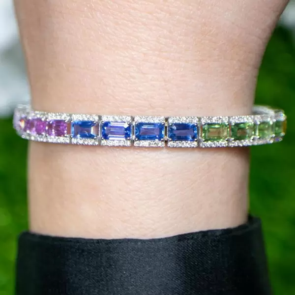 12ctw Emerald Cut Multicolor Sapphire Tennis Rainbow Bracelet