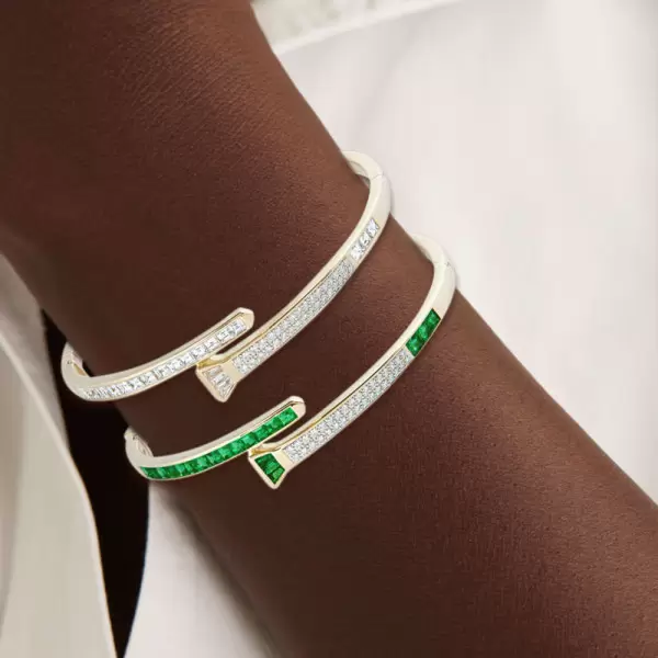 5.5ctw Multi-cut Emerald and White Sapphire Bypass Bangle