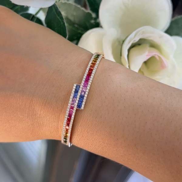 4.5ctw Princess Cut Multicolor Sapphire Rainbow Bypass Bangle