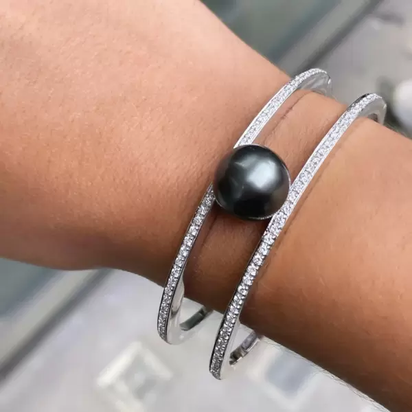 13MM Black Pearl White Sapphire Paved Split Shank Bangle 