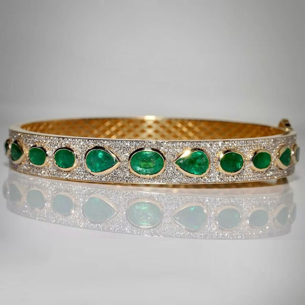 18ctw Oval and Pear Cut Emerald Paved Statement Bangle