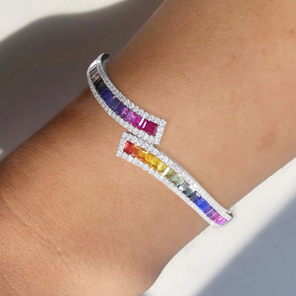 8ctw Baguette Cut Rainbow Sapphire Bypass Bangle