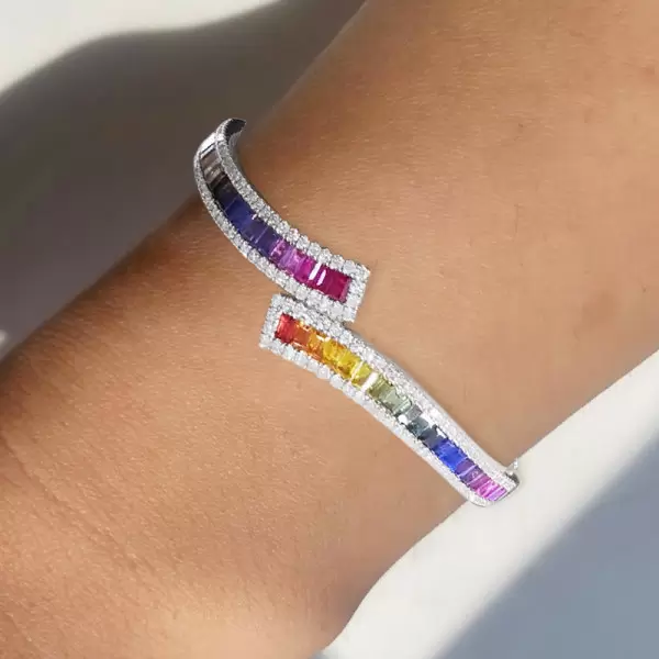 8ctw Baguette Cut Rainbow Sapphire Bypass Bangle