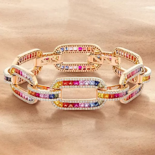 20ctw Princess Cut Rainbow Sapphire Large Link Statement Bracelet
