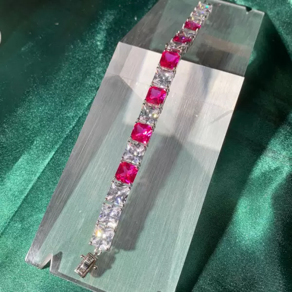 30ctw Princess Cut White and Pink Sapphire Tennis Bracelet