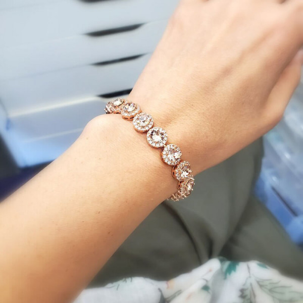 Round Cut Light Rose Halo Pave Rose Gold Bracelet