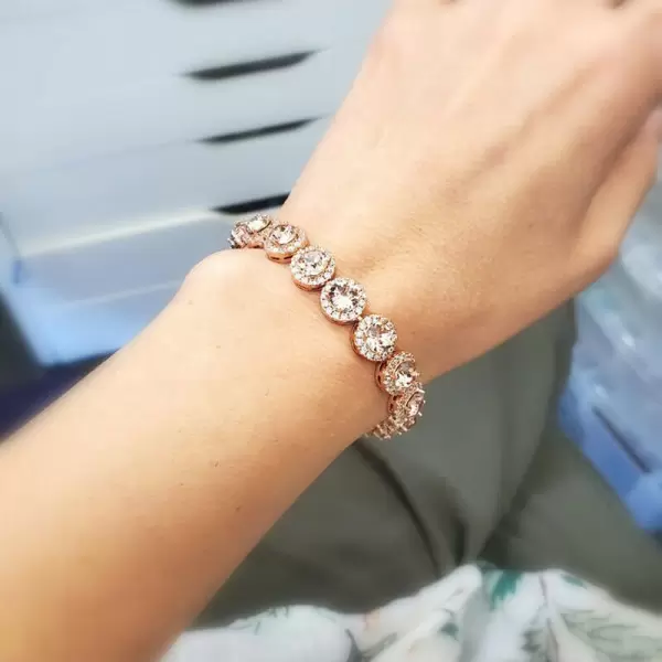 Round Cut Light Rose Halo Pave Rose Gold Bracelet