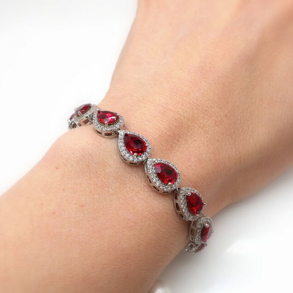 Pear Cut Ruby Pave Halo Bracelet for Women