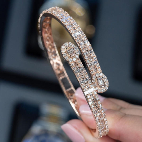 Emerald Cut White Sapphire Open Bracelet in Rose Gold