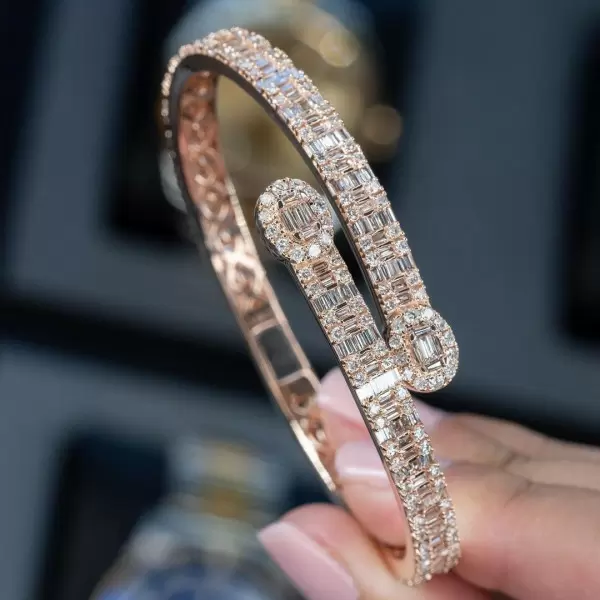 Emerald Cut White Sapphire Open Bracelet in Rose Gold