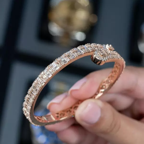 Emerald Cut White Sapphire Open Bracelet in Rose Gold