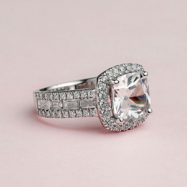 Handmade Halo Cushion Cut Sterling Silver Engagement Ring