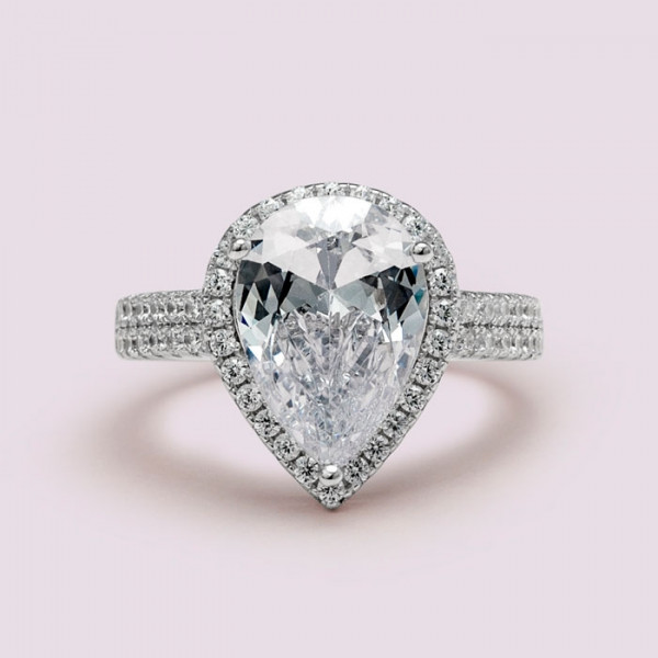 Handmade 4.0 CT Pear Cut Halo Sterling Silver Ring