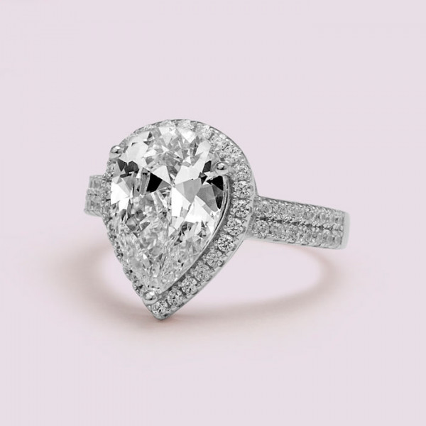 Handmade 4.0 CT Pear Cut Halo Sterling Silver Ring