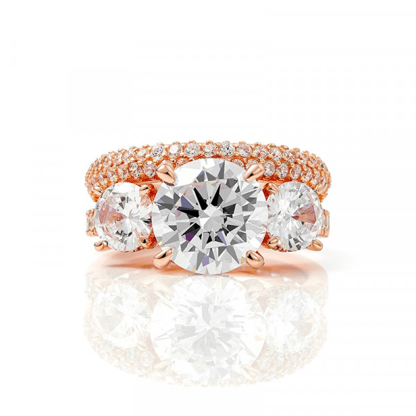Handmade Rose Gold Three Stone Round Cut Sterling Silver Ring Set