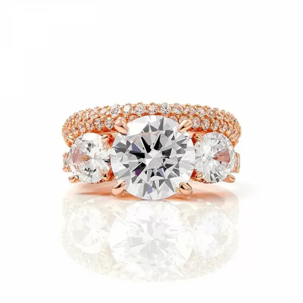 Handmade Rose Gold Three Stone Round Cut Sterling Silver Ring Set