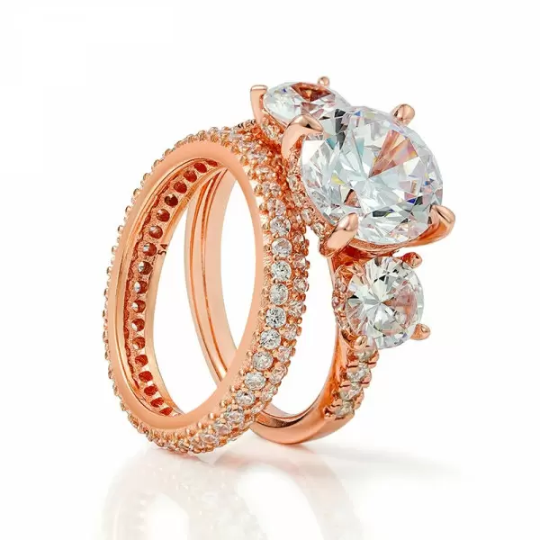 Handmade Rose Gold Three Stone Round Cut Sterling Silver Ring Set