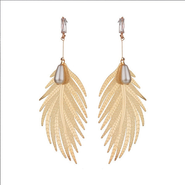 Feather Shape Alloy and Pearl Earring