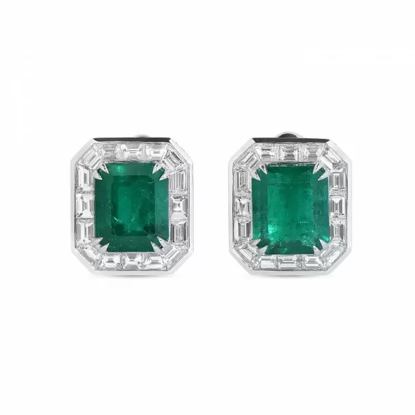 Emerald&Baguette White&Emerald Green Sapphire Stud Earrings