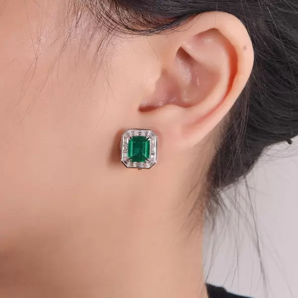 Emerald&Baguette White&Emerald Green Sapphire Stud Earrings