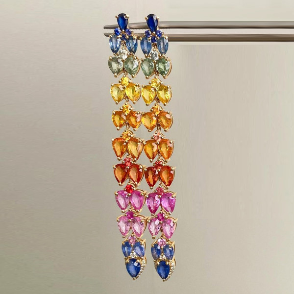 20ctw Pear Cut Rainbow Sapphire Long Earrings