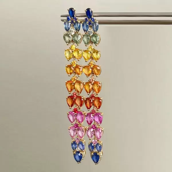 20ctw Pear Cut Rainbow Sapphire Long Earrings