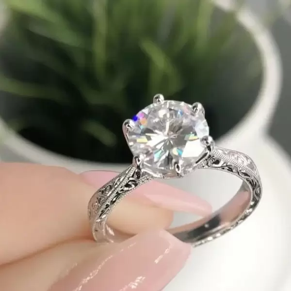 2CT Engraved 6-Prong  Round Brilliant Cut Diamond Ring