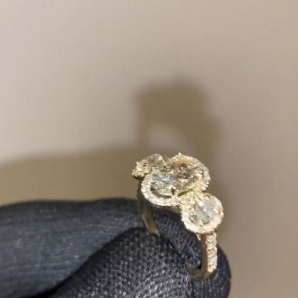Handmade 2.35CT Three-Stone Halo Oval Cut Engagement Ring