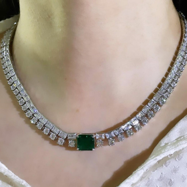 6.8ct Cushion Cut Emerald Two-Row Statement Necklace